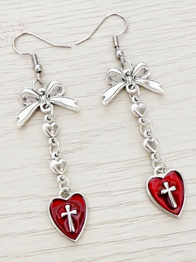 Vintage Gothic Cross Heart Bowknot Dangle Earrings - vintage fashion, retro style