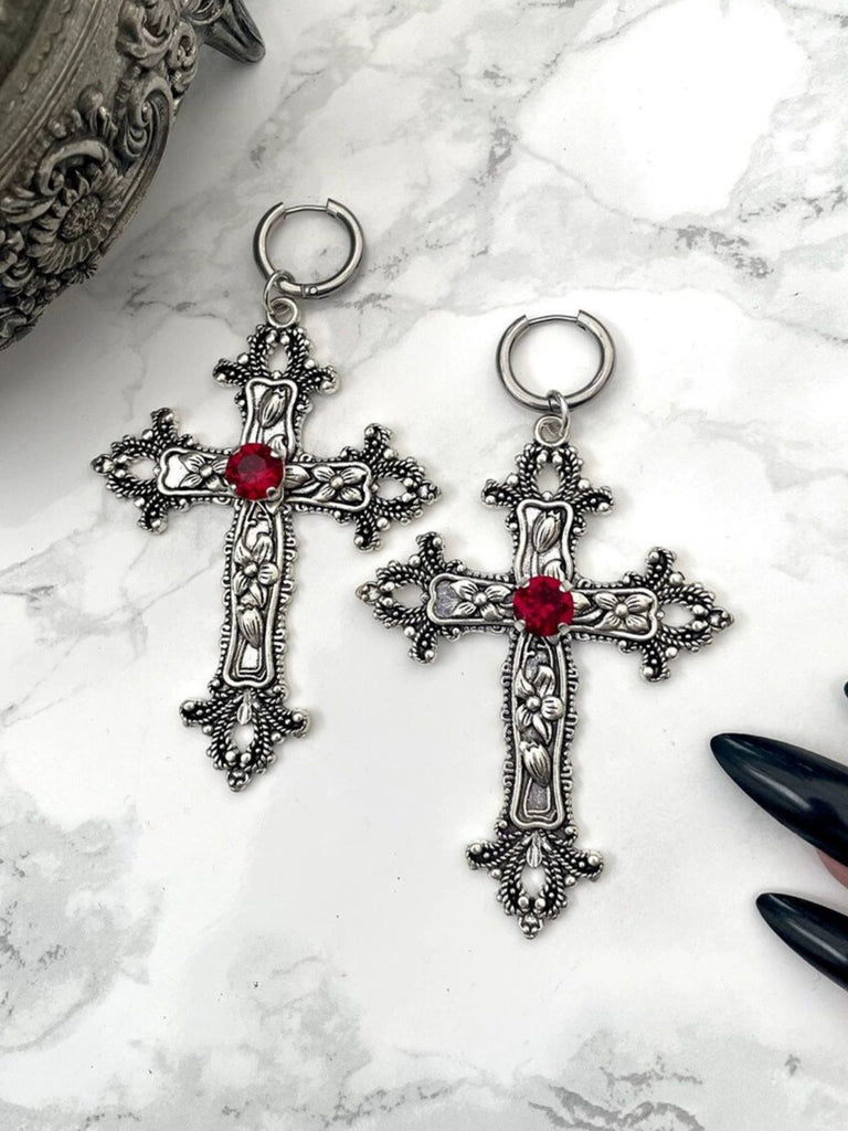 Vintage Halloween Gothic Cross 3D Flower Gemstone Earrings - vintage fashion, retro style
