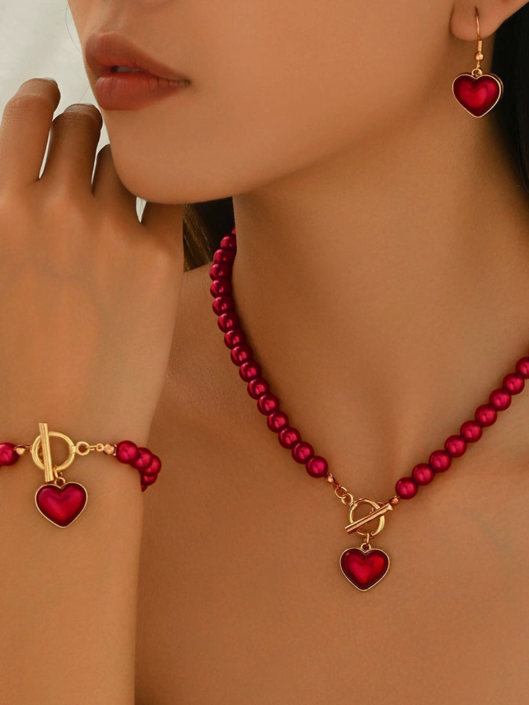 Vintage Heart Pearls Necklace & Bracelet & Earring Set - vintage fashion, retro style