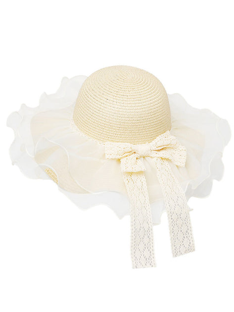 Vintage Lace Bow Sheer Ruffle Brim Sun Hat | Retro Stage display picture 1