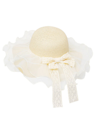 Vintage Lace Bow Sheer Ruffle Brim Sun Hat - vintage fashion, retro style
