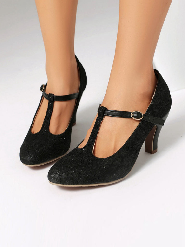 vintage dress heels Vintage Lace Patchwork T-Strap Buckle High Heels