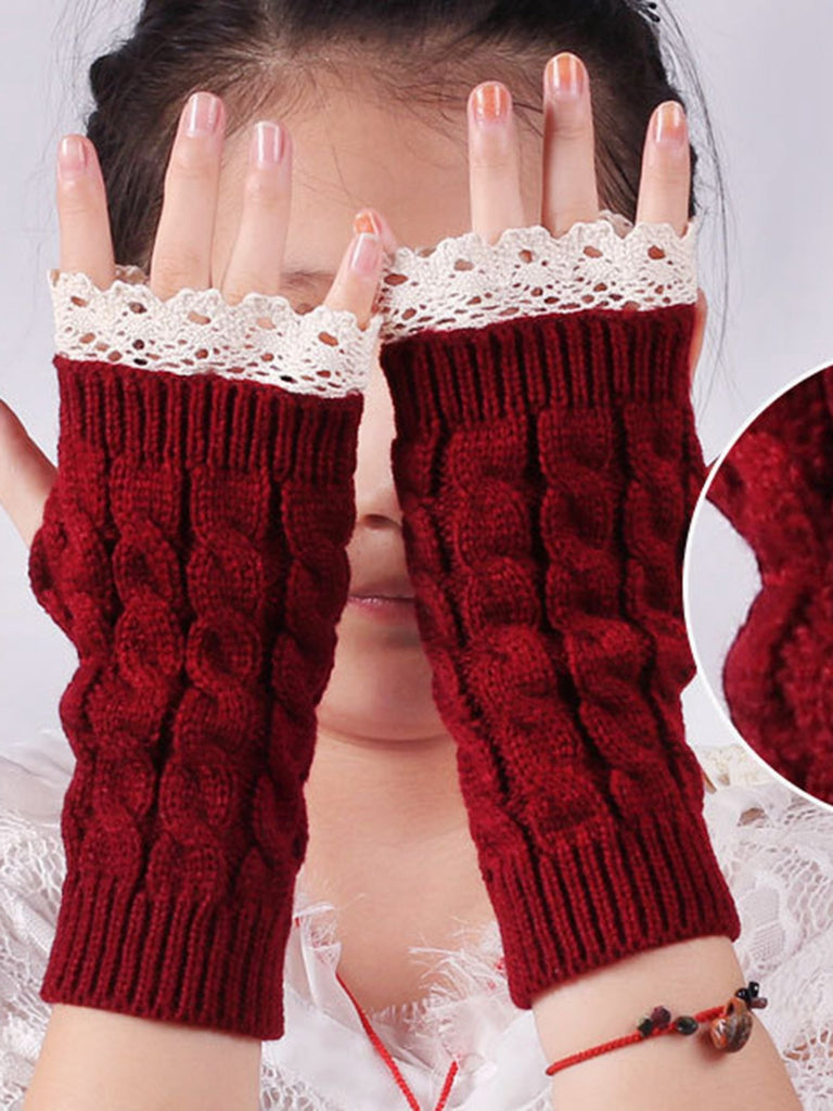 Vintage Lace Patchwork Twisted Knit Fingerless Gloves - vintage fashion, retro style