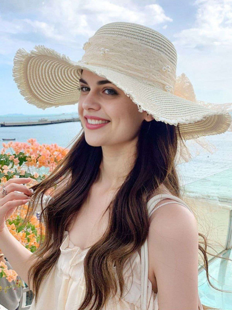 Vintage Lace Ribbon Wide-Brim Sun Hat | Retro Stage