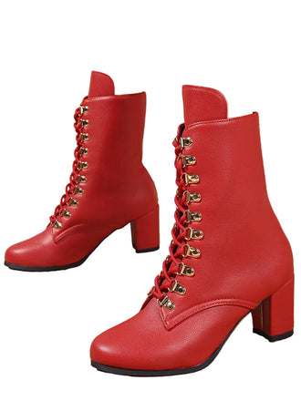 She finds her 1950s story in this Vintage Lace-Up Ankle Chunky Heel Boots