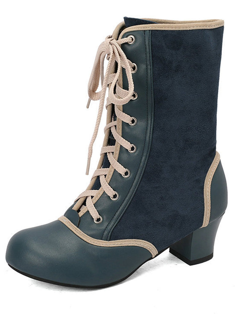 Vintage Lace-Up Faux Suede & Leather Mid Calf Boots - vintage fashion, retro style