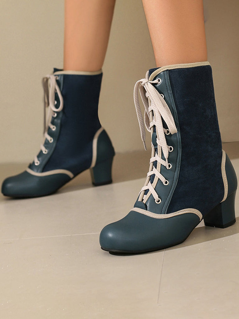 Vintage Lace-Up Faux Suede & Leather Mid Calf Boots - vintage fashion, retro style
