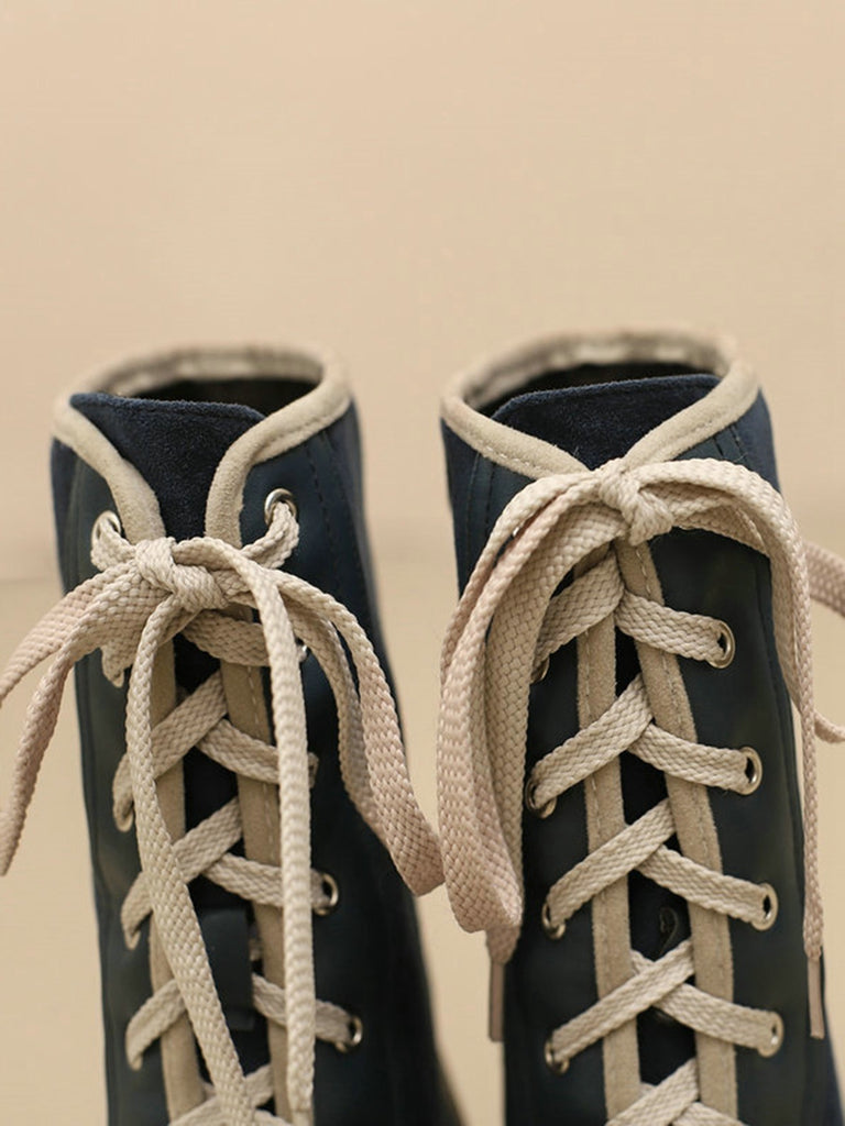 Vintage Lace-Up Faux Suede & Leather Mid Calf Boots - vintage fashion, retro style