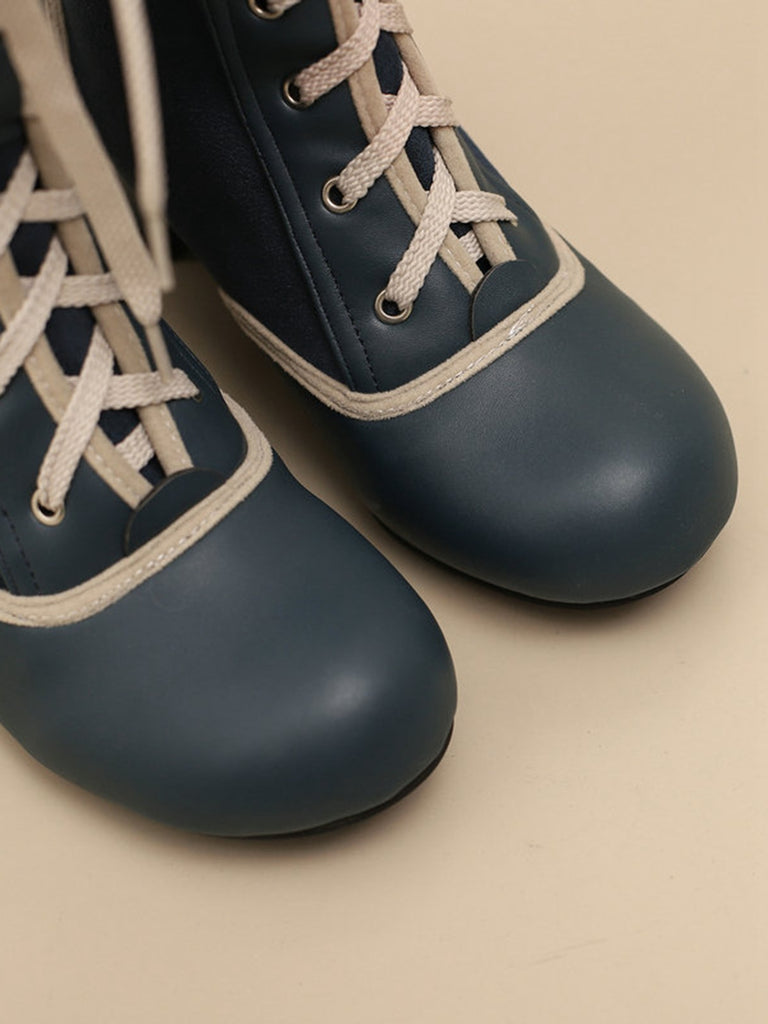 Vintage Lace-Up Faux Suede & Leather Mid Calf Boots - vintage fashion, retro style
