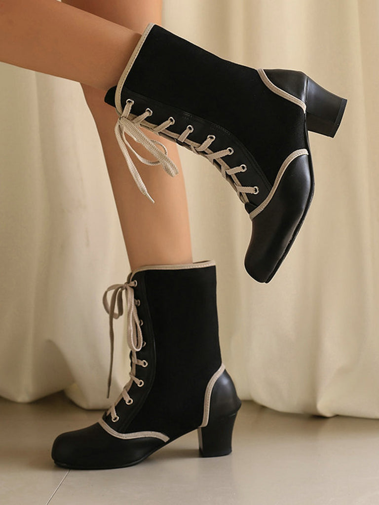 Vintage Lace-Up Faux Suede & Leather Mid Calf Boots - vintage fashion, retro style