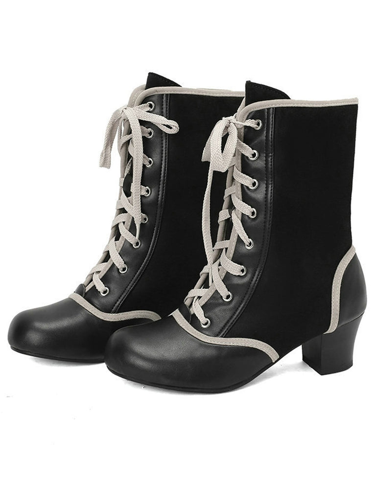 Vintage Lace-Up Faux Suede & Leather Mid Calf Boots - vintage fashion, retro style
