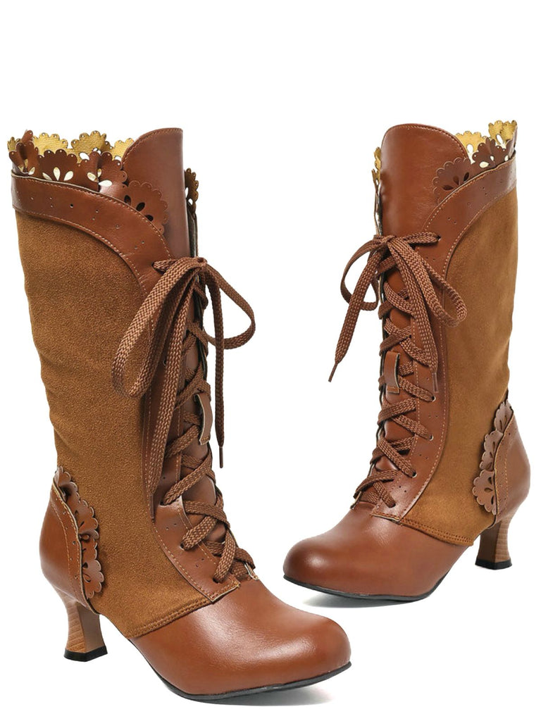 Vintage Lace-Up Solid Mid-Heel Brogue Ankle Boots - vintage shoes, retro heels