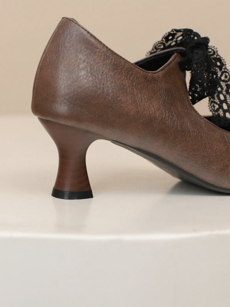 Vintage Mary Jane Lace Bow Heels - vintage shoes, retro heels