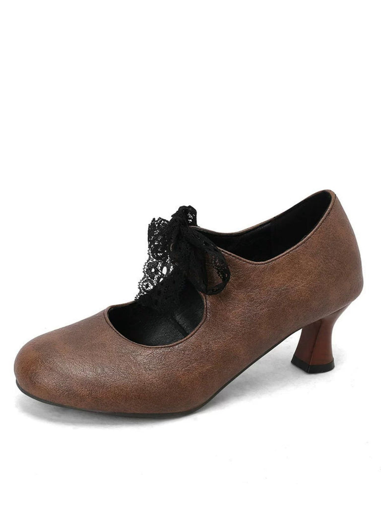 Vintage Mary Jane Lace Bow Heels - vintage shoes, retro heels