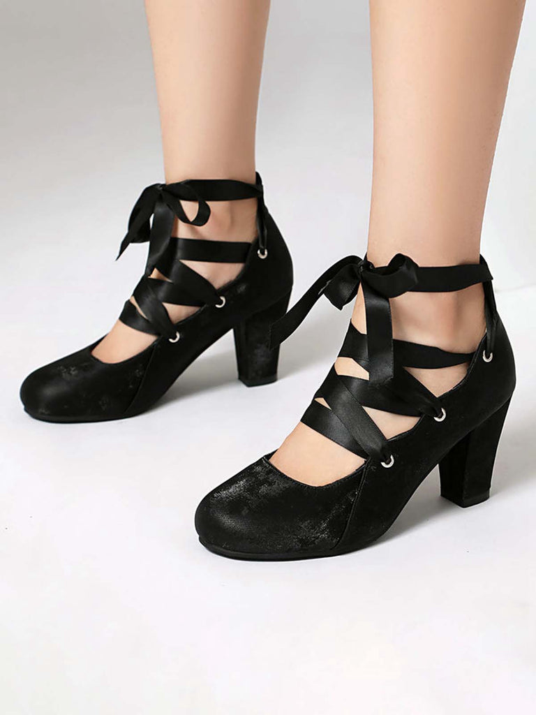 Vintage Mary Jane Ribbon Wrap Up Chunky Heels - vintage shoes, retro heels
