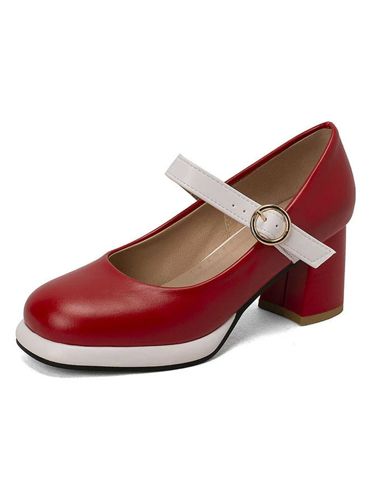 Vintage PU Round Toe Mary Janes Chunky Heels: timeless 1950s elegance she makes her own