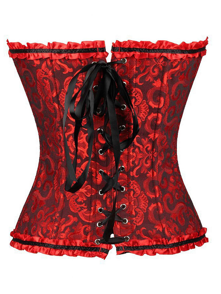 She slips into Vintage Palace Print Lace-Up Corset and channels 1950s screen sirens