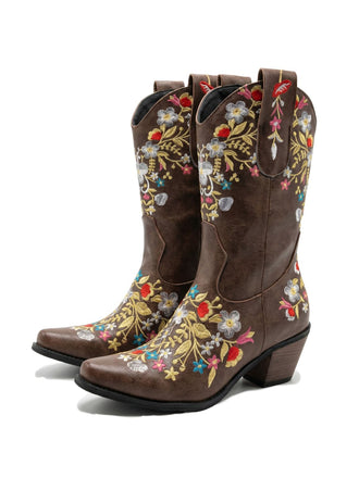 Vintage Pointed Embroidered Floral Chunky Heel Boots - vintage shoes, retro heels, elegant red