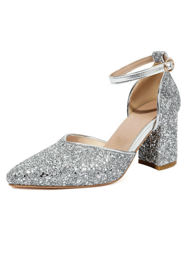 Vintage Pointed Toe Glitter Chunky Heel Pumps - vintage shoes, retro heels