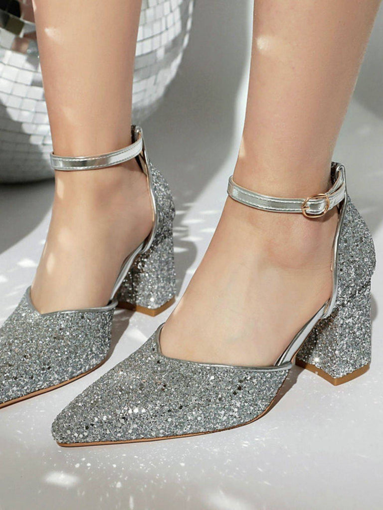 Vintage Pointed Toe Glitter Chunky Heel Pumps - vintage shoes, retro heels