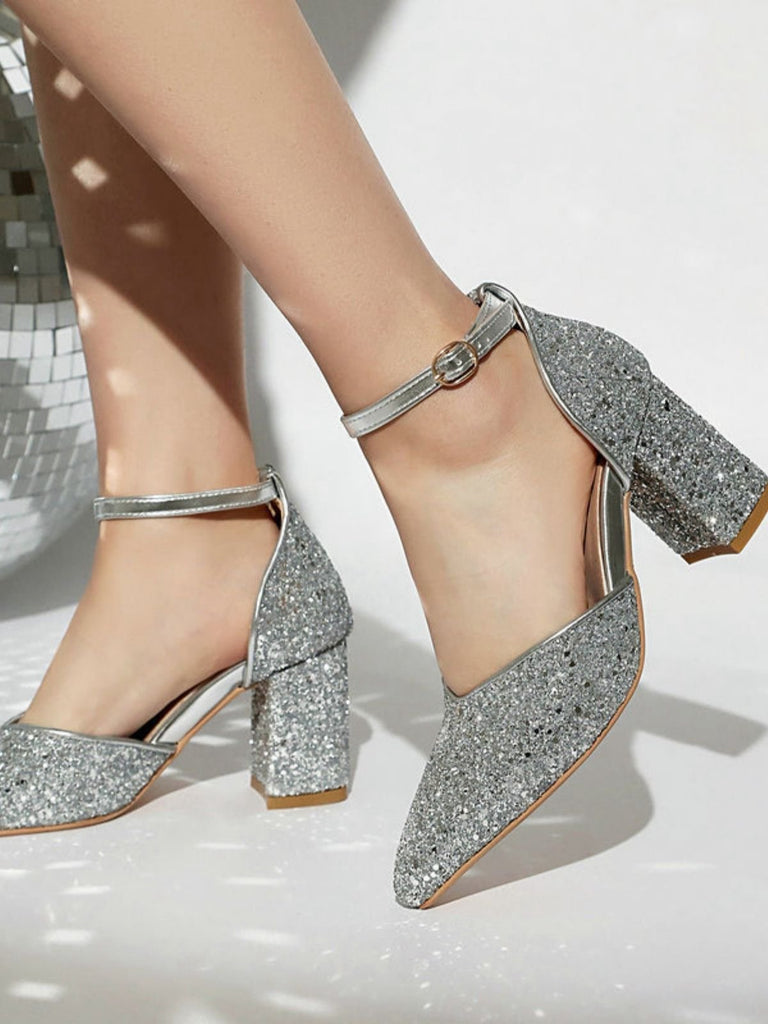 Vintage Pointed Toe Glitter Chunky Heel Pumps - vintage shoes, retro heels