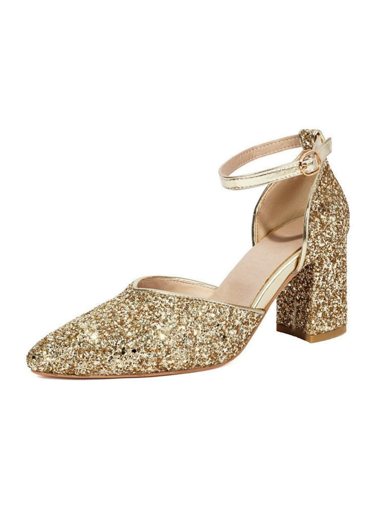 Vintage Pointed Toe Glitter Chunky Heel Pumps - vintage shoes, retro heels