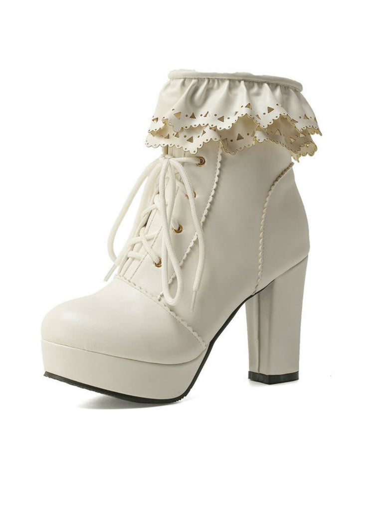 Vintage Ruffled Lace-Up Chunky High Heel Boots - vintage shoes, retro heels