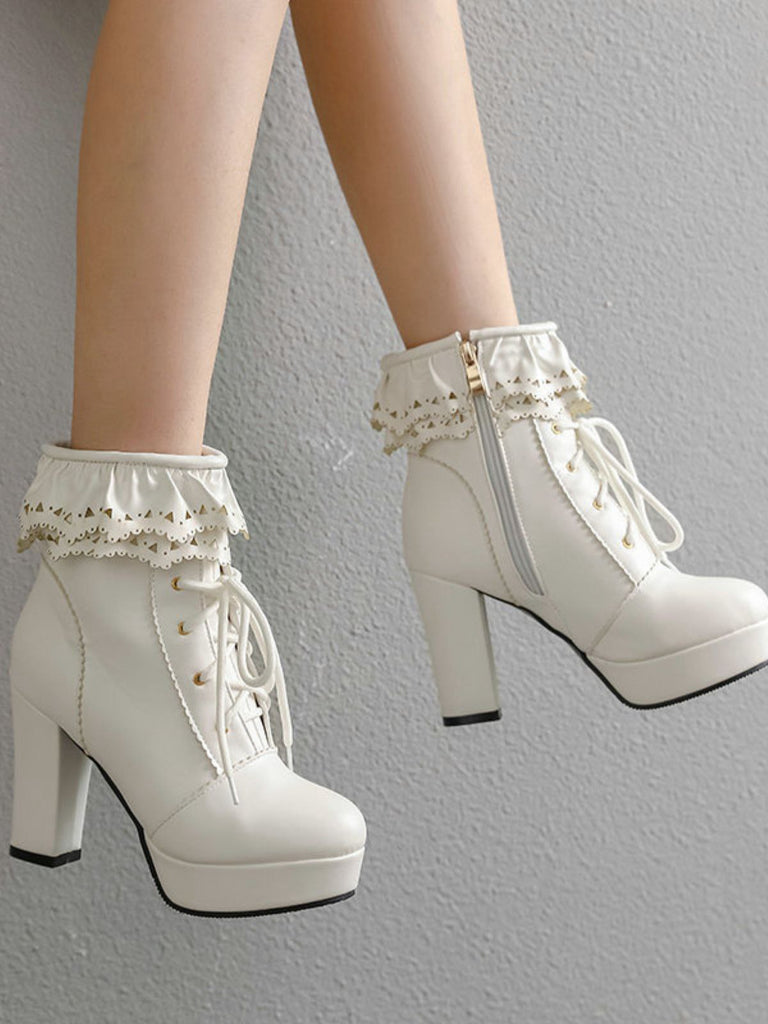 Vintage Ruffled Lace-Up Chunky High Heel Boots - vintage shoes, retro heels