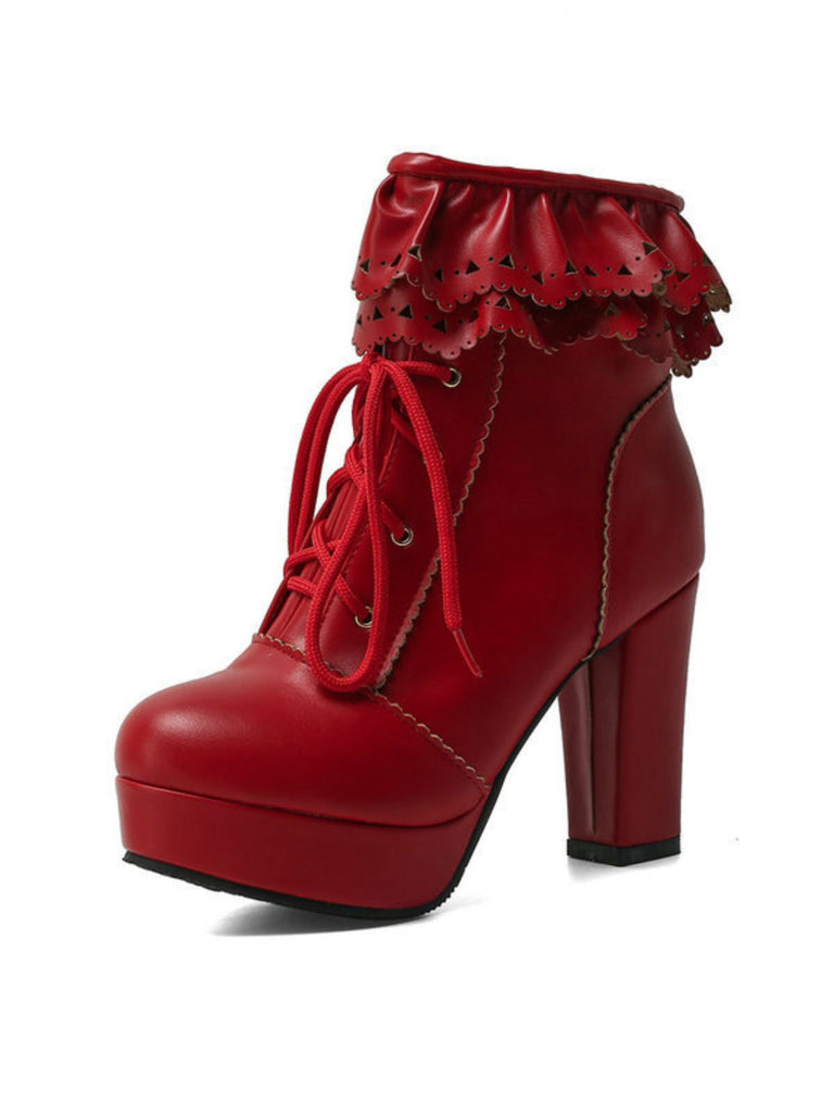 Vintage Ruffled Lace-Up Chunky High Heel Boots - vintage shoes, retro heels