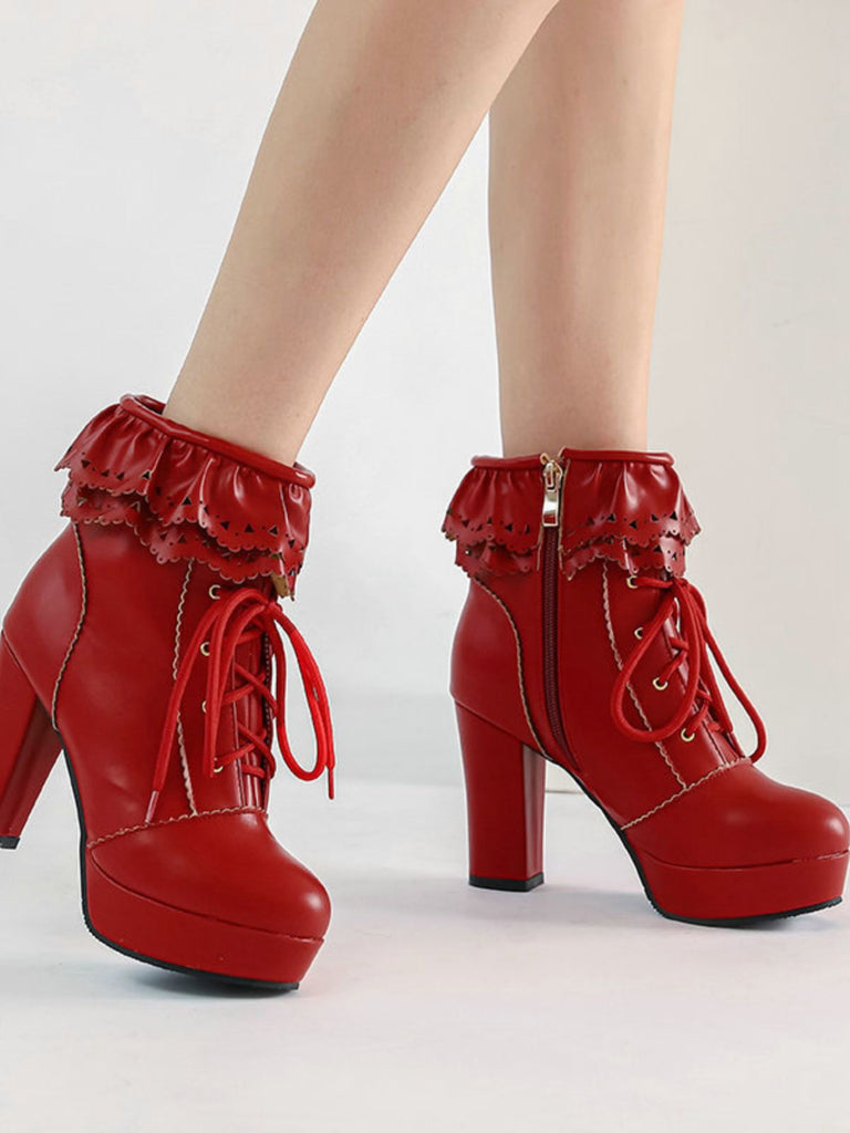 Vintage Ruffled Lace-Up Chunky High Heel Boots - vintage shoes, retro heels