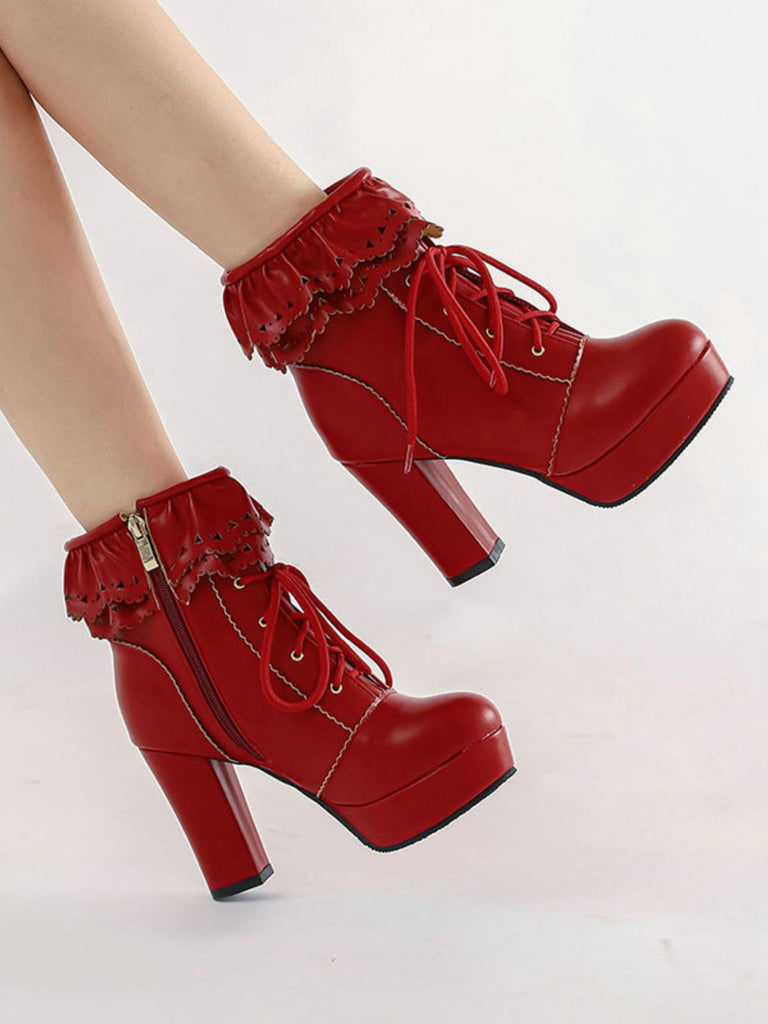 Vintage Ruffled Lace-Up Chunky High Heel Boots - vintage shoes, retro heels