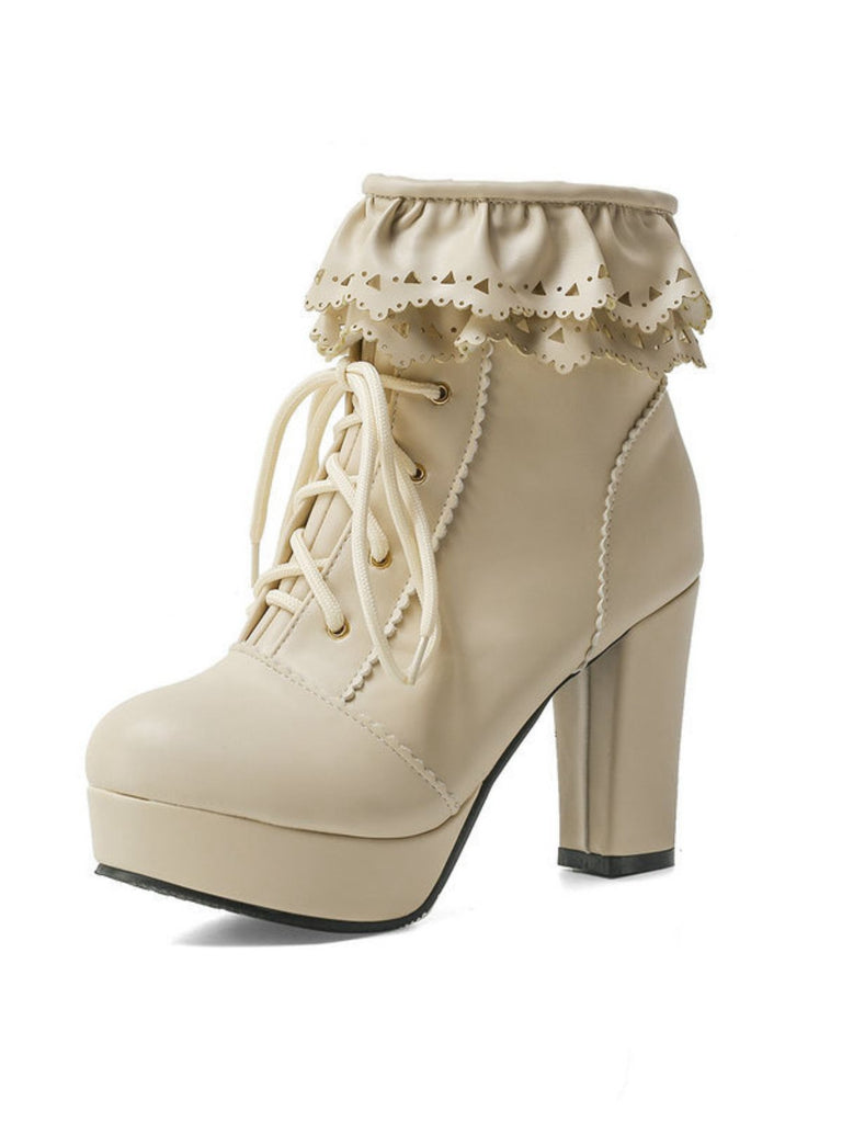 Vintage Ruffled Lace-Up Chunky High Heel Boots - vintage shoes, retro heels