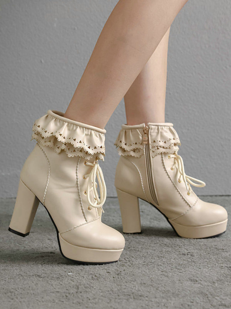 Vintage Ruffled Lace-Up Chunky High Heel Boots - vintage shoes, retro heels