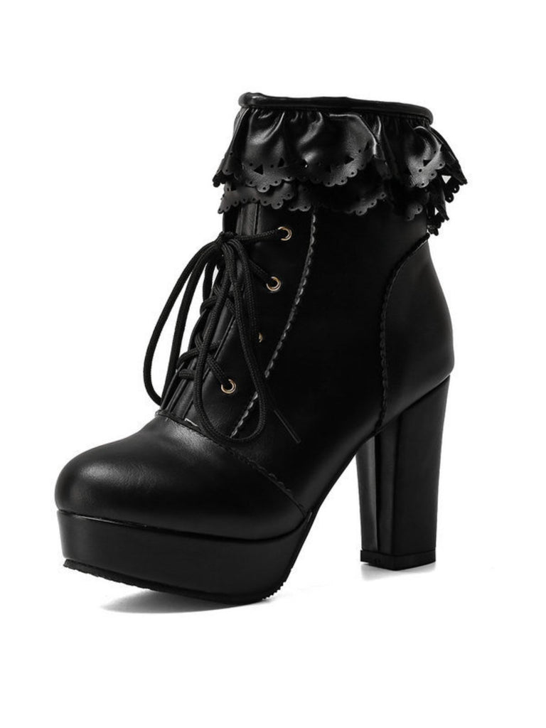Vintage Ruffled Lace-Up Chunky High Heel Boots - vintage shoes, retro heels