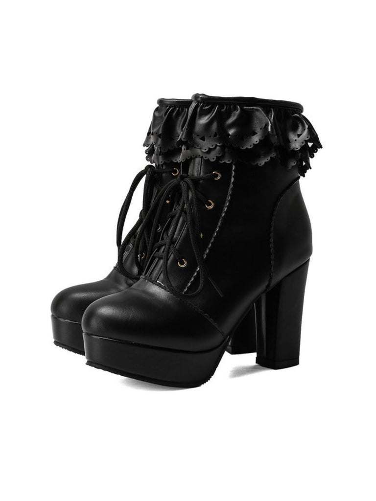 Vintage Ruffled Lace-Up Chunky High Heel Boots - vintage shoes, retro heels