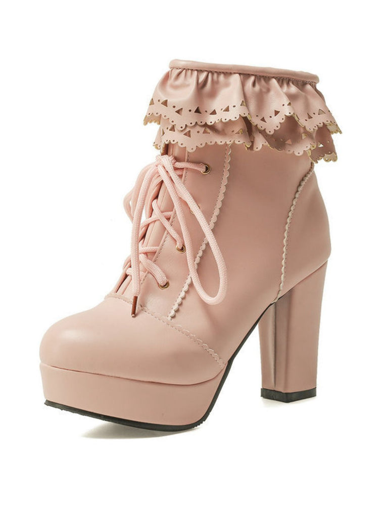 Vintage Ruffled Lace-Up Chunky High Heel Boots - vintage shoes, retro heels