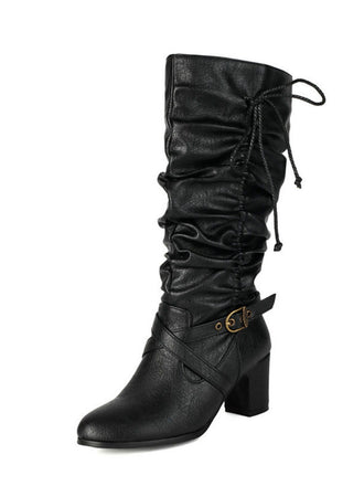 Vintage Solid Buckle Ruched Chunky Heels Boots - vintage shoes, retro heels