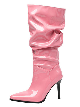 Vintage Solid Patent Leather Mid-Calf High Boots - vintage fashion, retro style