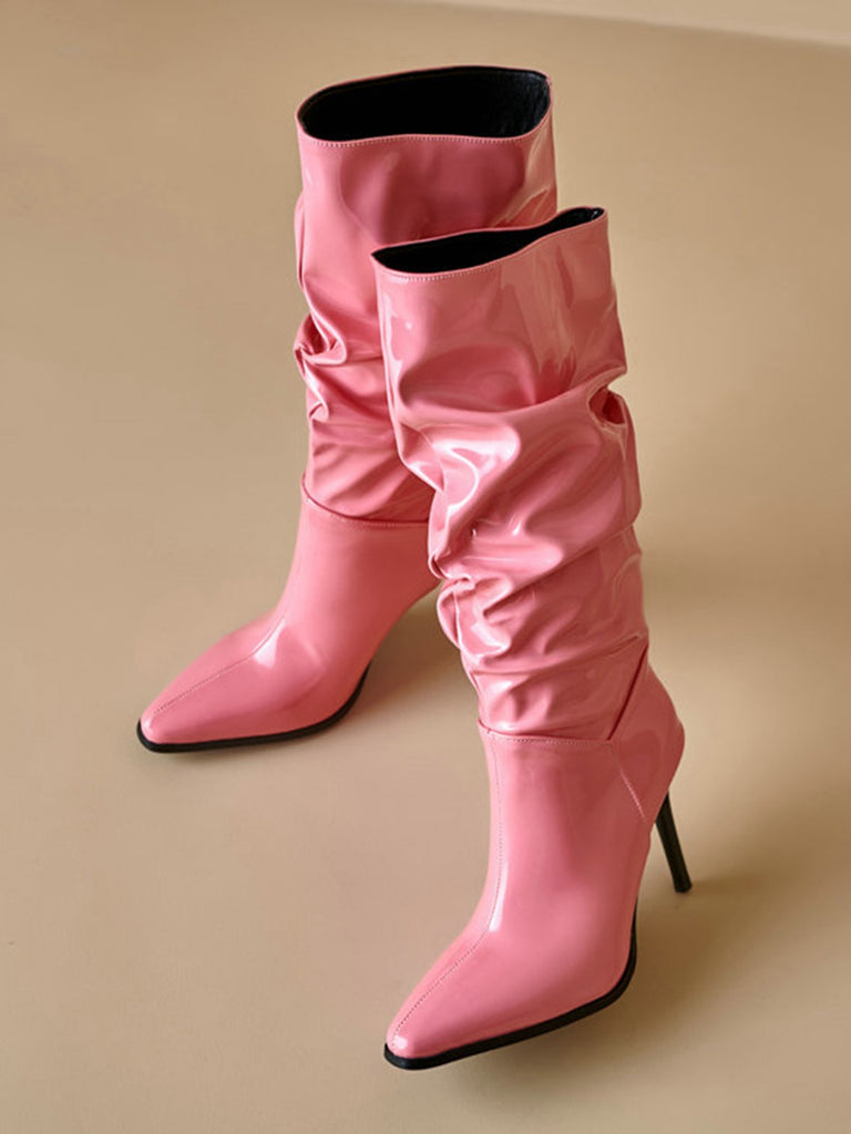 Vintage Solid Patent Leather Mid-Calf High Boots - vintage fashion, retro style