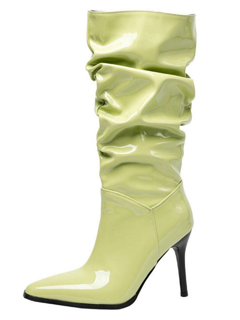 Vintage Solid Patent Leather Mid-Calf High Boots - vintage fashion, retro style