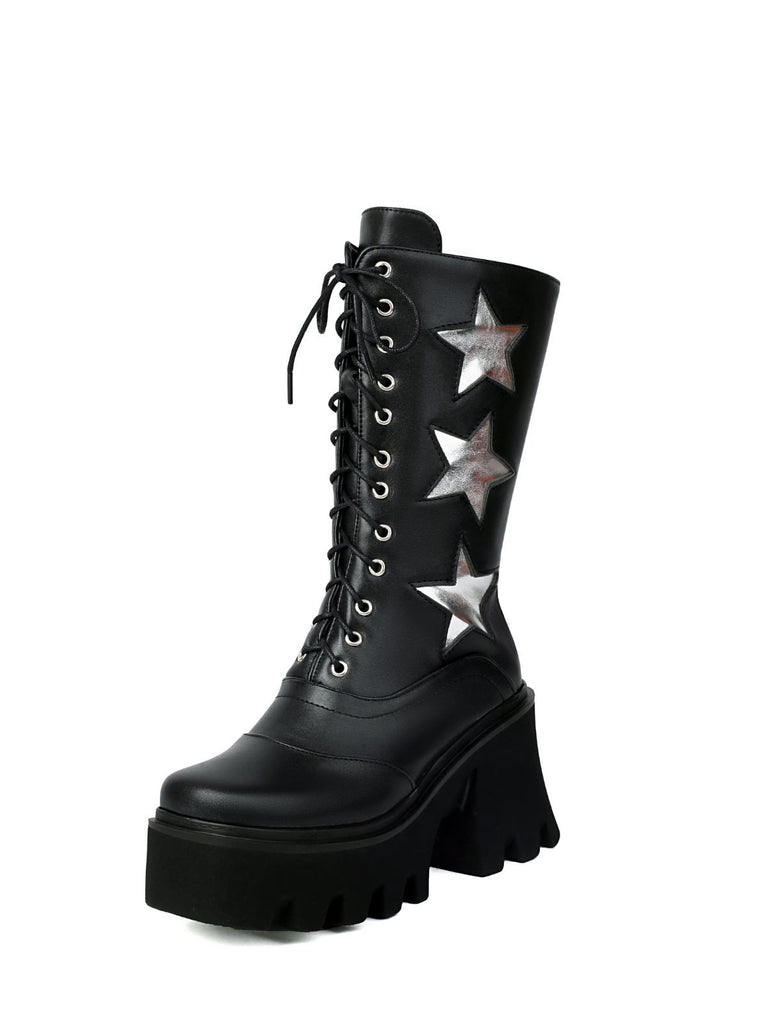 Vintage Steampunk Star Print Platform Mid-Calf Boots - vintage fashion, retro style