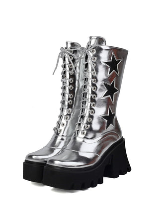 Vintage Steampunk Star Print Platform Mid-Calf Boots - vintage fashion, retro style