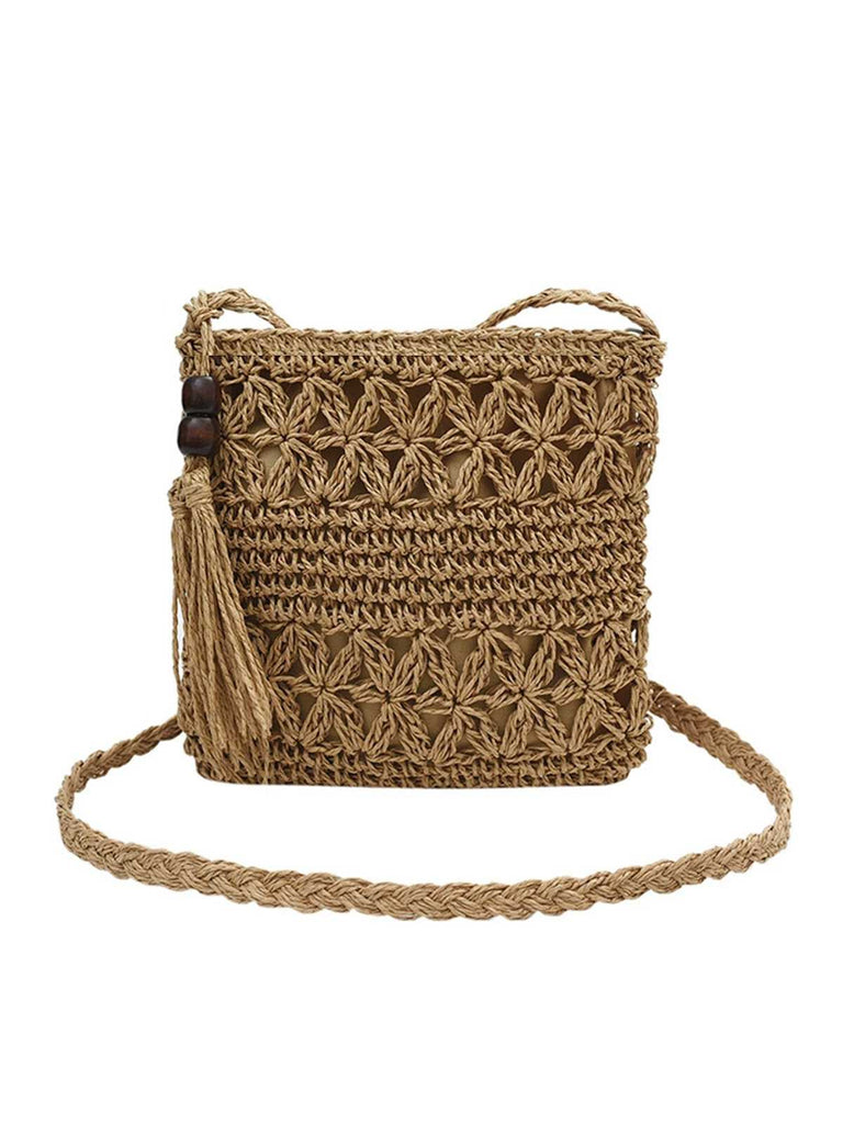 Vintage Straw Wooden Beads Crossbody Bag - vintage fashion, retro style