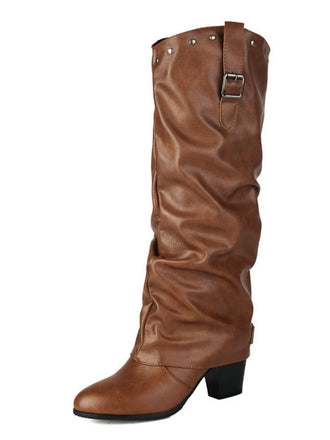 Vintage Studded Buckle Mid-Calf Boots - vintage fashion, retro style