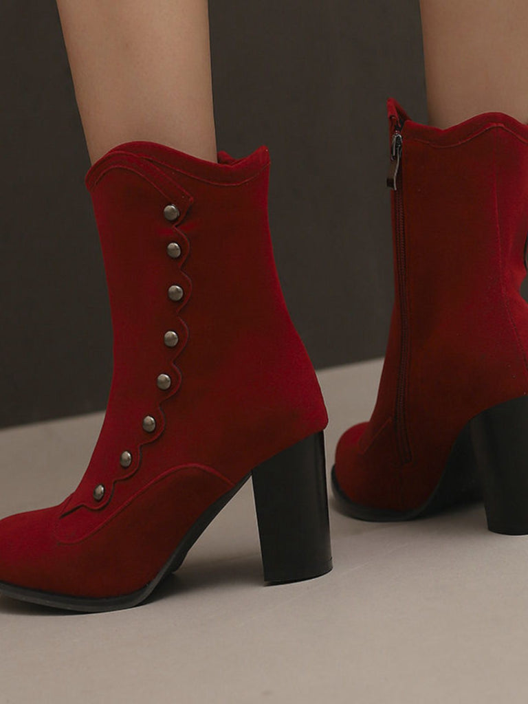 Vintage Suede Faux Fur Lining Studded Mid-Calf Boots - vintage fashion, retro style