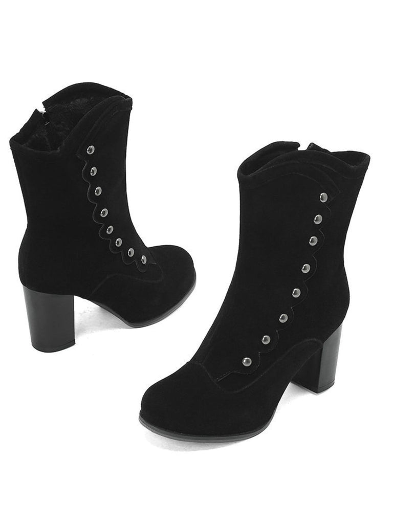 Vintage Suede Faux Fur Lining Studded Mid-Calf Boots - vintage fashion, retro style
