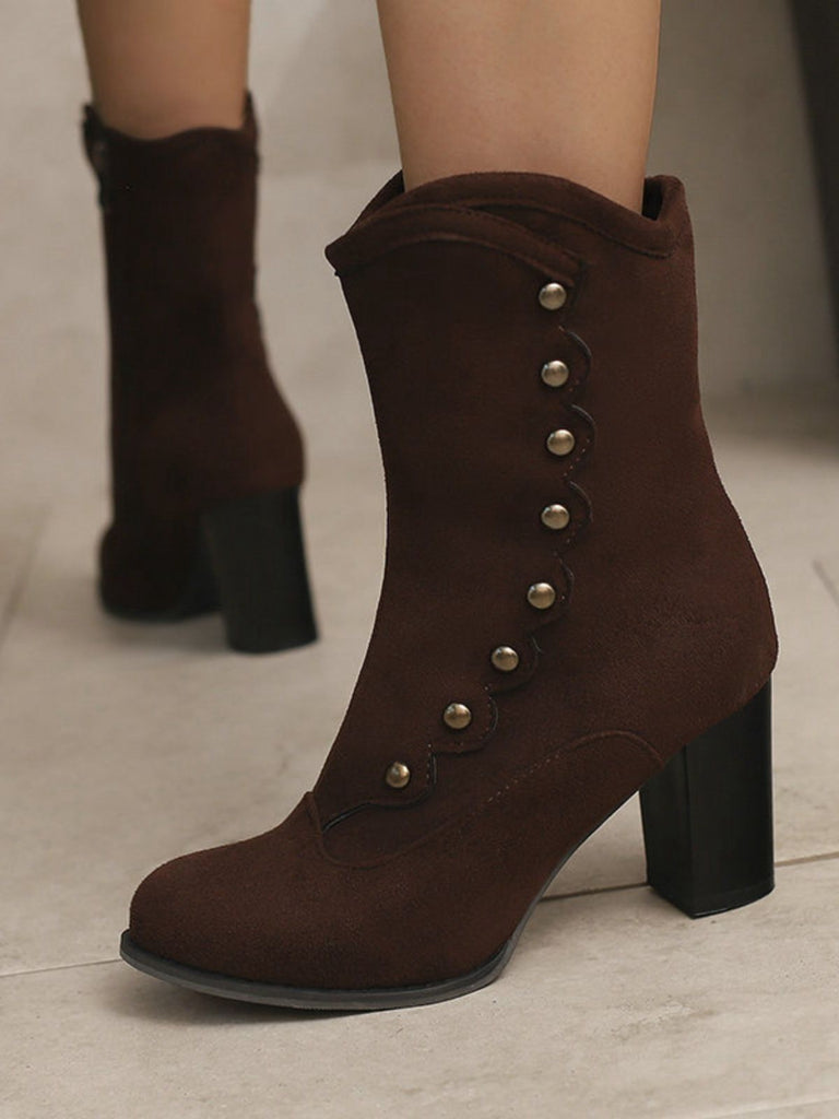 Vintage Suede Faux Fur Lining Studded Mid-Calf Boots - vintage fashion, retro style