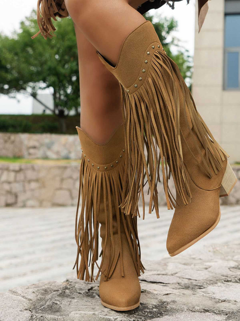 Vintage Tassel Chunky High-heeled Boots - vintage shoes, retro heels