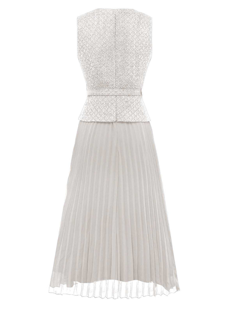 1960s Pearl Button Belted Sleeveless Pleated Dress