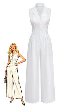 She finds her 1930s story in this White 1930s Flax Sleeveless Lapel Plunge Wide-Leg Jumpsuit